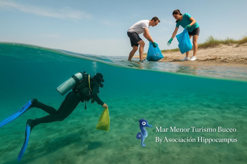 Voluntarios de la Asociación Hippocampus retirando residuos del fondo marino en el Canal de Marchamalo, La Manga del Mar Menor.
